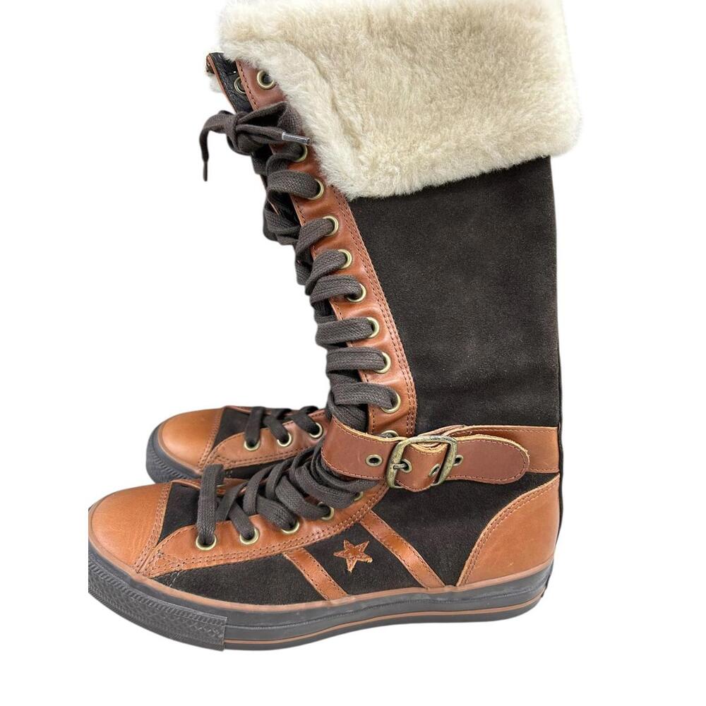 Converse Unisex Vintage Tall Shearling Lace-Up Winter Boots Brown Leather Canvas - Picture 9 of 11